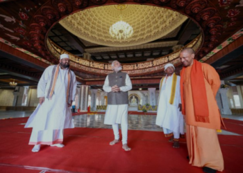 Prime Minister Narendra Modi visiting Swarved Mahamandir in Varanasi, Uttar Pradesh on Monday